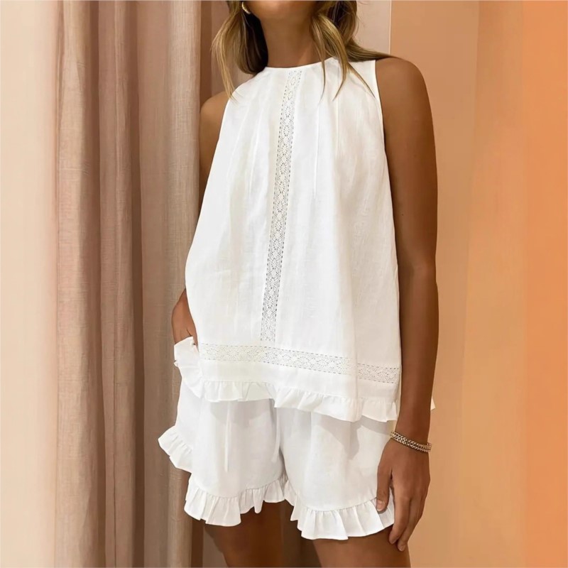 Elastic Lace Trim - New Women Summer 2Piece Set White